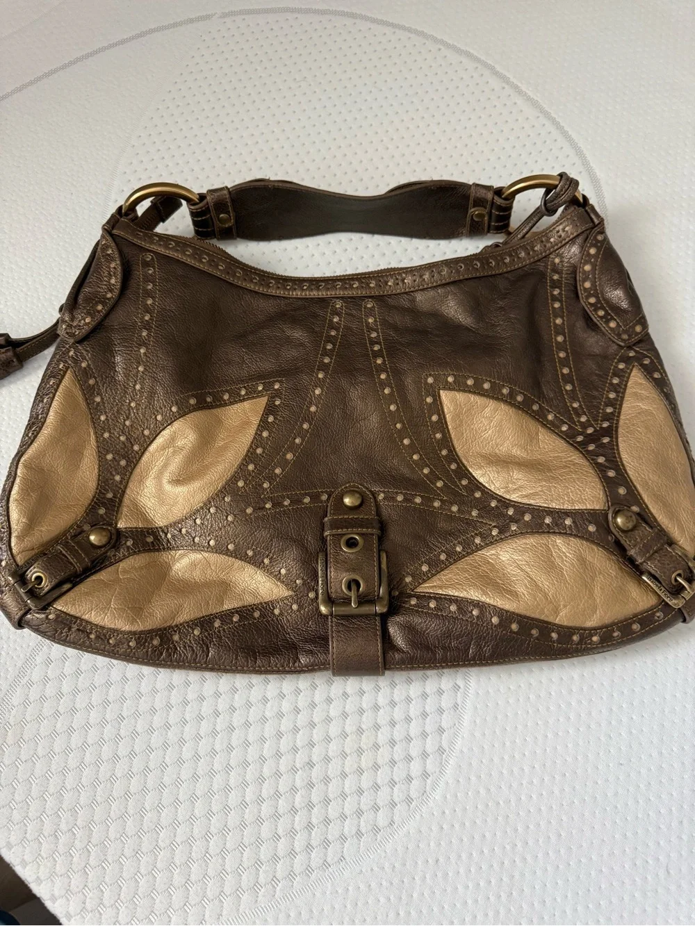 Isabella Fiore Metallic Taupe and Champagne Leather Hobo